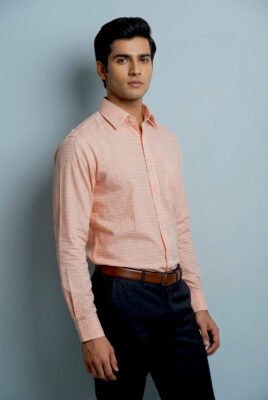 Men's Premium Light Orange Check Formal Shirt