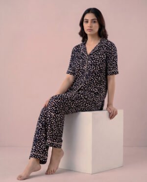 Women's Black Leopard Print Night Suit — Soft Cotton & Viscose Shirt & Pyjama