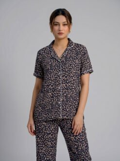 Women's Black Leopard Print Night Suit — Soft Cotton & Viscose Shirt & Pyjama