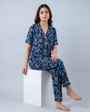 Women's Navy Blue Floral AOP Night Suit Set | Short Sleeve Top & Full-Length Pyjama
