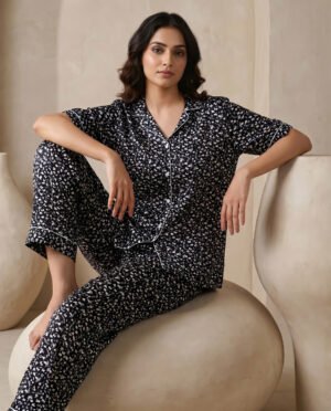 Women's Black Floral AOP Night Suit Set | Short Sleeve Top & Full-Length Pyjama Bottom