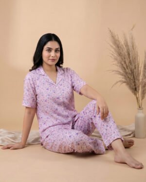 Women's Floral Print Night Suit Set | Short Sleeve Top & Pyjama Pants | Viscose & Cotton Blend Nightwear