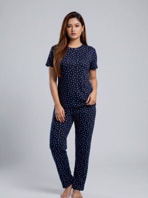Women's Navy Blue Heart Print Viscose Pajama Set | Viscose Blend T-Shirt & Lounge Pants