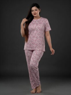 Women's Pink Rose Garden Print Viscose Pajama Set  | Viscose Blend T-Shirt & Lounge Pants