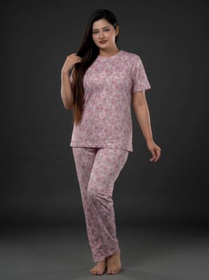 Women's Pink Rose Garden Print Viscose Pajama Set  | Viscose Blend T-Shirt & Lounge Pants