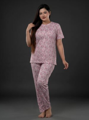 Women's Pink Rose Garden Print Viscose Pajama Set  | Viscose Blend T-Shirt & Lounge Pants