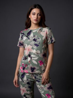 Women's Sage Green Watercolour Floral Viscose Pajama Set | Viscose Blend T-Shirt & Lounge Pants