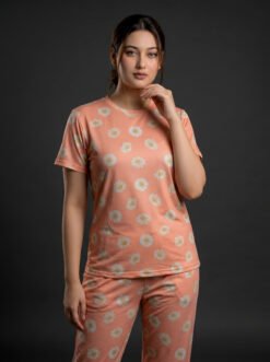Women's Peach Daisy Print Viscose Pajama Set | Viscose Blend T-Shirt & Lounge Pants