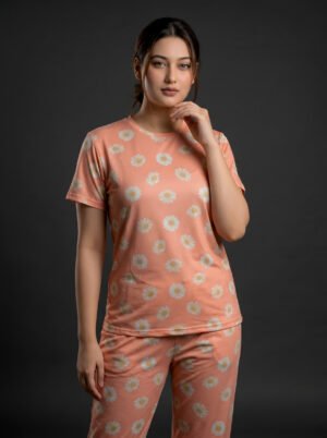Women's Peach Daisy Print Viscose Pajama Set | Viscose Blend T-Shirt & Lounge Pants