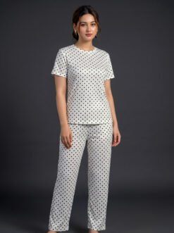 Women's White & Black Polka Dot Viscose Pajama Set  | Viscose Blend T-Shirt & Lounge Pants