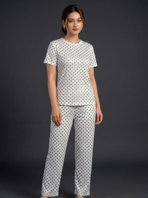 Women's White & Black Polka Dot Viscose Pajama Set | Viscose Blend T-Shirt & Lounge Pants
