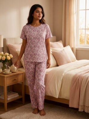 Women's Pink Rose Garden Print Viscose Pajama Set  | Viscose Blend T-Shirt & Lounge Pants