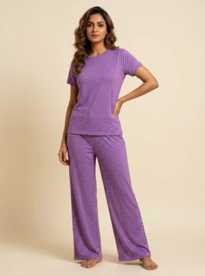 Women's Purple Polka Dot Viscose top bottom Set | Viscose Blend T-Shirt & Lounge Pants