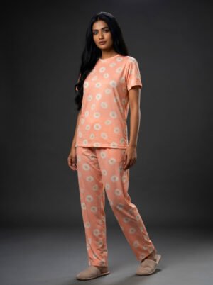 Women's Peach Daisy Print Viscose Pajama Set | Viscose Blend T-Shirt & Lounge Pants