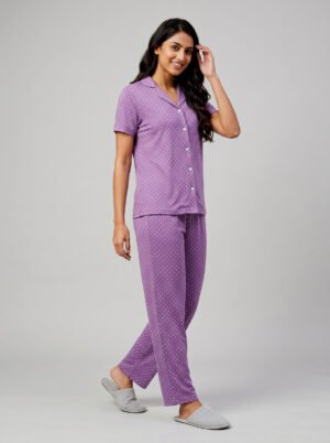 Women's Purple Polka Dot Night Suit Set – Cotton Blend Short-Sleeve Top & Full-Length Pyjama Pants