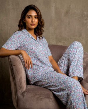Women's Floral AOP Night Suit Set – Short Sleeve Top & Full-Length Pyjama Pants | Soft Cotton-Blend Loungewear