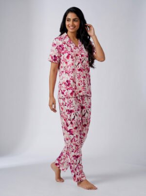 Women's Watercolour Floral AOP Night Suit Set | Pink Botanical Button-Up Top & Pyjama Bottom