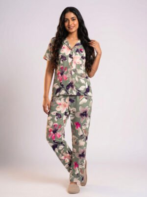Women's Sage Green Watercolour Floral AOP Night Suit Set | Botanical Button-Up Top & Pyjama Bottom