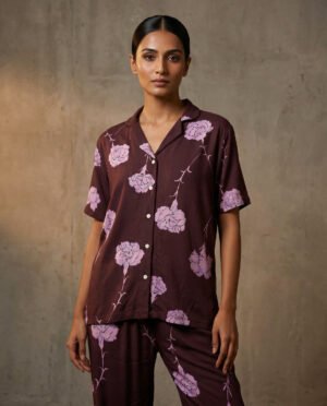 Women's Burgundy Floral Night Suit Set – Carnation Print AOP Cotton Blend Short-Sleeve Top & Full-Length Pyjama Pants