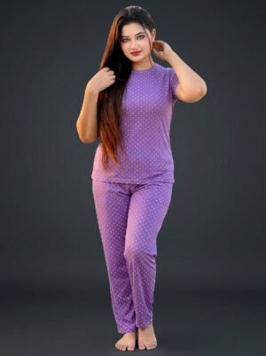 Women's Purple Polka Dot Viscose top bottom Set | Viscose Blend T-Shirt & Lounge Pants