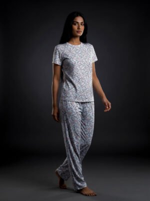 Women's White Ditsy Floral Viscose Pajama Set | Viscose Blend T-Shirt & Lounge Pants