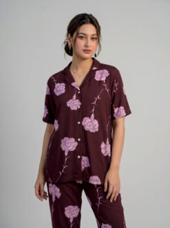 Women's Burgundy Floral Night Suit Set – Carnation Print AOP Cotton Blend Short-Sleeve Top & Full-Length Pyjama Pants