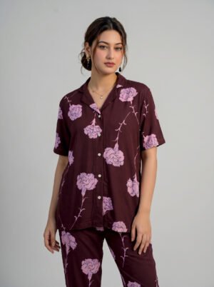 Women's Burgundy Floral Night Suit Set – Carnation Print AOP Cotton Blend Short-Sleeve Top & Full-Length Pyjama Pants