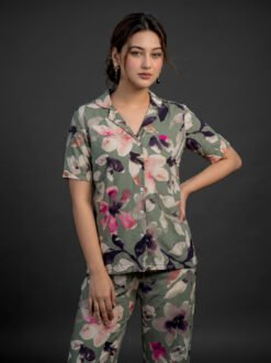 Women's Sage Green Watercolour Floral AOP Night Suit Set | Botanical Button-Up Top & Pyjama Bottom