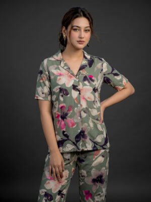 Women's Sage Green Watercolour Floral AOP Night Suit Set | Botanical Button-Up Top & Pyjama Bottom