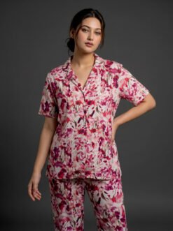 Women's Watercolour Floral AOP Night Suit Set | Pink Botanical Button-Up Top & Pyjama Bottom