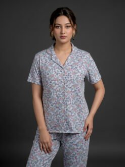 Women's Floral AOP Night Suit Set – Short Sleeve Top & Full-Length Pyjama Pants | Soft Cotton-Blend Loungewear