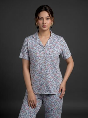 Women's Floral AOP Night Suit Set – Short Sleeve Top & Full-Length Pyjama Pants | Soft Cotton-Blend Loungewear