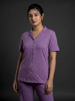 Women's Purple Polka Dot Night Suit Set – Cotton Blend Short-Sleeve Top & Full-Length Pyjama Pants