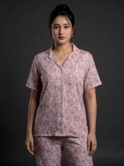 Women's Pink floral AOP Night Suit Set – Cotton Blend Short-Sleeve Top & Full-Length Pyjama Pants