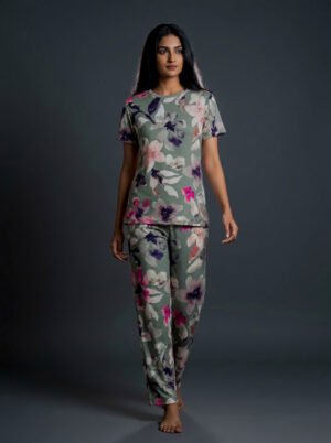 Women's Sage Green Watercolour Floral Viscose Pajama Set | Viscose Blend T-Shirt & Lounge Pants