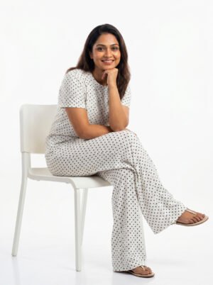 Women's White & Black Polka Dot Viscose Pajama Set  | Viscose Blend T-Shirt & Lounge Pants