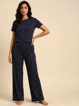 Women's Navy Blue Heart Print Viscose Pajama Set | Viscose Blend T-Shirt & Lounge Pants