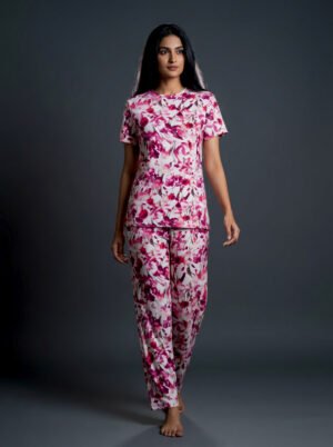 Women's White & Magenta Watercolour Floral Viscose Pajama Set  | Viscose Blend T-Shirt & Lounge Pants