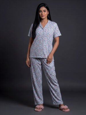 Women's Floral AOP Night Suit Set – Short Sleeve Top & Full-Length Pyjama Pants | Soft Cotton-Blend Loungewear