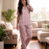 Women's Pink floral AOP Night Suit Set – Cotton Blend Short-Sleeve Top & Full-Length Pyjama Pants