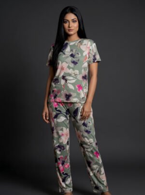 Women's Sage Green Watercolour Floral Viscose Pajama Set | Viscose Blend T-Shirt & Lounge Pants