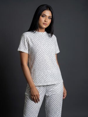Women's White & Black Polka Dot Viscose Pajama Set  | Viscose Blend T-Shirt & Lounge Pants