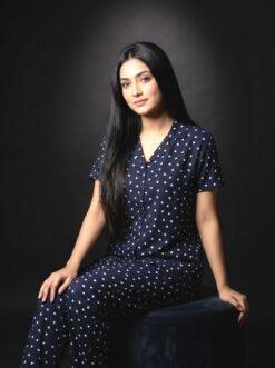 Baya Weaver Women's Heart Print Night Suit Set — Navy Blue AOP Short Sleeve Top & Pajama Pants