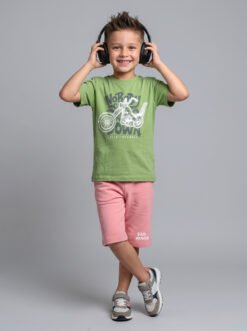 Boys Light Green & Pink Oversized Graphic T-Shirt and Shorts Set