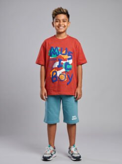 Boys' Oversized "Music Boy" T-Shirt and Shorts Set - Orange & Teal