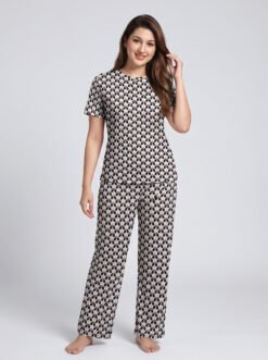 BAYA WEAVER Women's Printed Viscose T-Shirt & Pajama Set – Comfort Fit Loungewear (Beige & Navy)