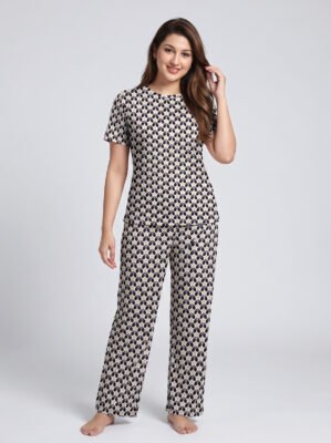 BAYA WEAVER Women's Printed Viscose T-Shirt & Pajama Set – Comfort Fit Loungewear (Beige & Navy)