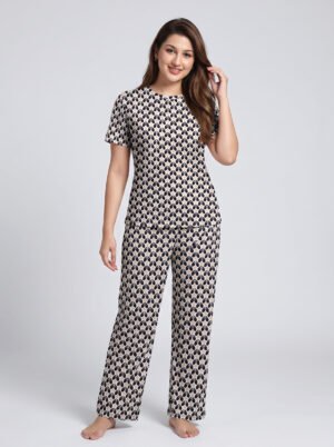 BAYA WEAVER Women's Printed Viscose T-Shirt & Pajama Set – Comfort Fit Loungewear (Beige & Navy)