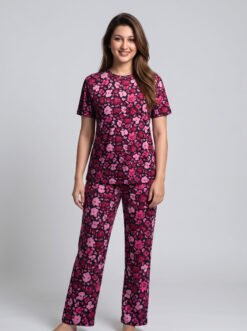 BAYA WEAVER Women's Floral Print Viscose Blend T-Shirt & Pajama Set